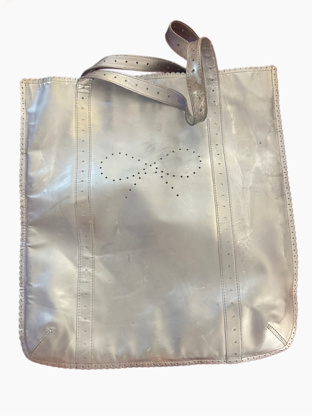 Anya Hindmarch Genuine Leather Silver Perforated Bow Tote